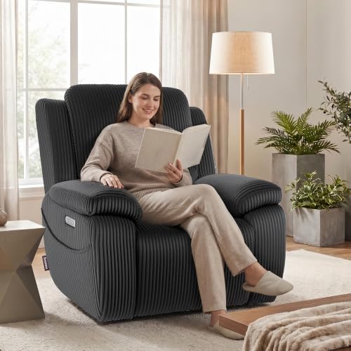 Image of EONIX Real Zero Clearance Wall Hugger Power Recliner Chair with Adjustable Headrest for Small Spaces, RV, Living Room, Bedroom, 24.4'' Seat Width, 400lbs Heavy Duty, SXXY017992, Corduroy, Jet Black