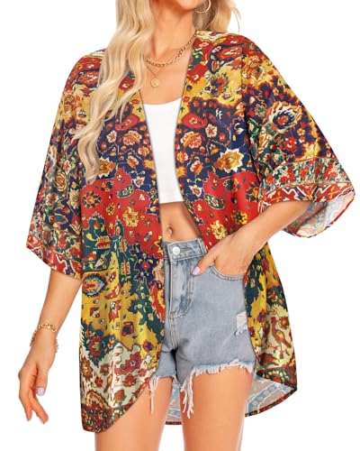 Image of Women Kimono Cardigans Casual Summer Tops Cover up Open Front Floral Print Resort Wear 2026