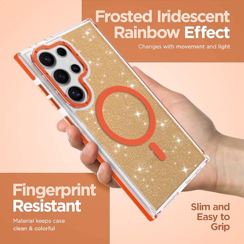 Image of Magnetic Case for Samsung Galaxy S23 Ultra [Compatible with Magsafe] [Bling Glitter Fluorescent Design] [1 Screen Protector] Slim Translucent Matte Case for Galaxy S23 Ultra 6.8 inch, Orange