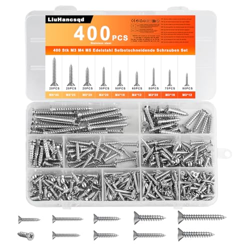 400 Stück Selbstschneidende Schrauben Edelstahl Schrauben Set, Holzschrauben Kreuzschlitz Flachkopfschrauben, Blechschrauben Sortiment Set, Senkkopfschrauben Set
