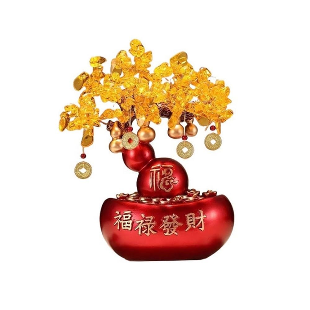 Home Decor Feng Shui Gemstone Money Tree Ornaments, Fortune Gourd Gold Ingot Citrine Crafts Bonsai(Red)