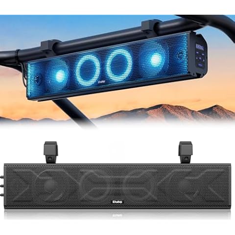 Ehaho 25 Inch UTV Sound Bar, ATV SoundBar Bluetooth with RGB Lighting, IP65 Waterproof Golf Cart Sound Bar, Amplified Powersports SXS Sound Bar, UTV Speakers Compatible with Polaris RZR Can-Am Cover