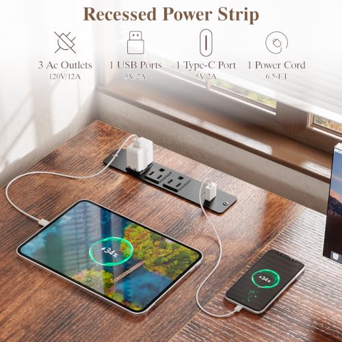 Image of Furologee 55 inch L Shaped Desk with Power Outlets & USB-C Port, Reversible Corner Office Desk with File Drawers, Work Study Gaming Table for Home Office, Dorm, Rustic Brown