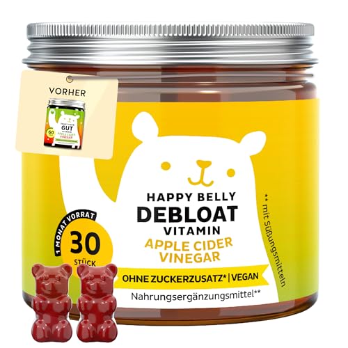 Happy Belly Debloat Vitamin Gummies (GUT) – Enthält insgesamt 7500 mg Apfelessig über das gesamte Programm, Vitamin B6, B12 – 30 Stück (1 Monate) – Ohne Zuckerzusatz, Vegan – Bears with Benefits