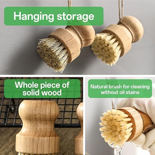 Image of Bamboo Dish Brush Set, Natural Sisal Scrubber for Pots Pans Dishes with Tray, Eco Friendly Kitchen Brush 3 Pack