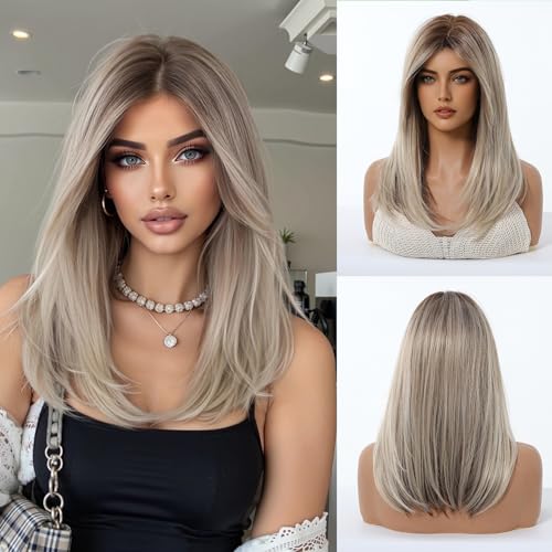 Tumhorn Long Blonde Wig with Bangs Curly Wavy Ombre Layered Wigs for Women Highlight Platinum Blonde Wig Natural Synthetic Wigs for Daily Party Use