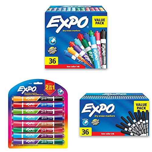 Expo Low-Odor Dry Erase Markers, Chisel Tip, Assorted Colors, 36 Count & Expo Dry Erase 2-In-1 Markers, Chisel Tip, Assorted, 8 Count & Expo Low Odor Dry Erase Markers, Fine Tip, Black, 36 Count #TOP7