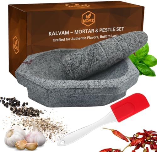 NOMZ Stone Mortar and Pestle Set (Kalvam) 7 Inch, 2.5 Kg, 3/4 Cup | Handmade Silbatta for Chutney and Masala | Heavy Duty Khalbatta with Anti-Skid Base