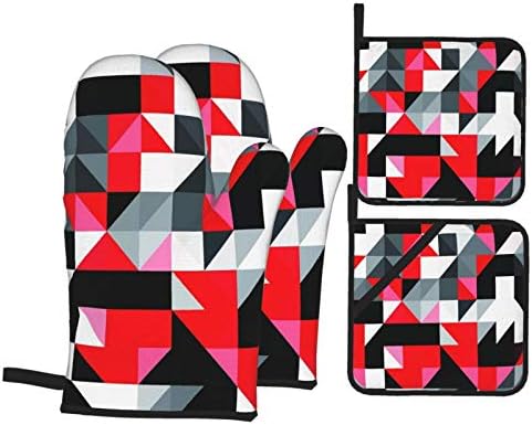 Oven Mitts and Pot Holders Sets of 4,Red and Black,Abstract Geometric Half Triangles,Polyester BBQ Gloves with Quilted Liner Resistant Hot Pads for Kitchen Cooking Baking Grilling