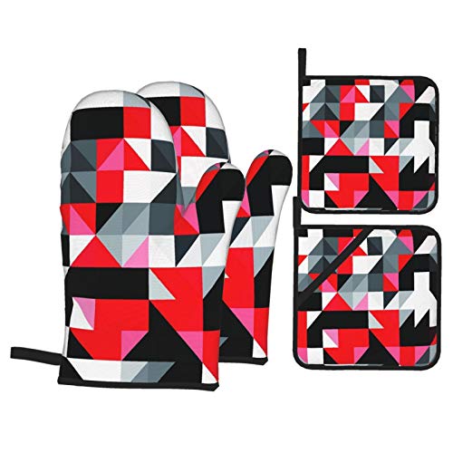 Oven Mitts And Pot Holders Sets Of 4,Red And Black,Abstract Geometric Half Triangles,Polyester Bbq Gloves With Quilted Liner Resistant Hot Pads For Kitchen Cooking Baking Grilling #TOP13