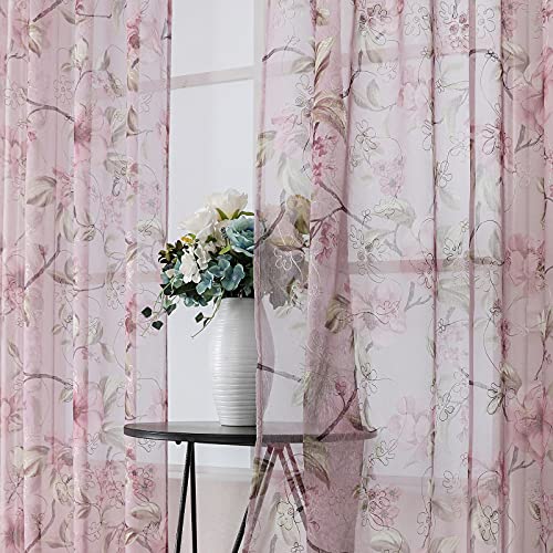Tollpiz Sheer Tier Curtains Pink Flower Leaf Printed Floral Embroidered Half Window Curtain Sheers Rod Pocket Kitchen Voile Faux Linen Curtains For Bathroom, 30 X 36 Inches Long, Set Of 2 Panels #TOP1
