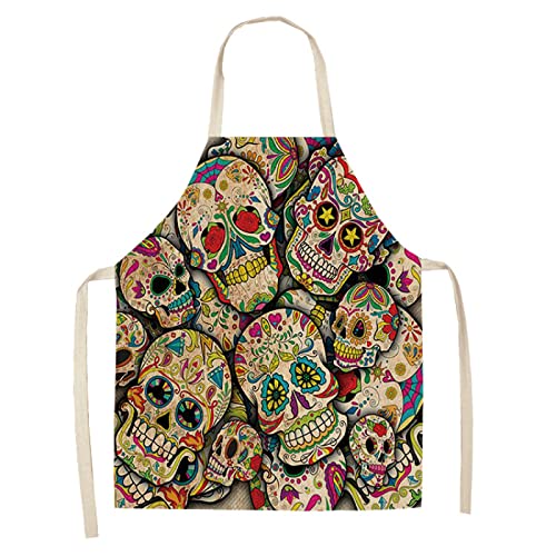 JMUNG Delantal Cocina Hombre Calavera Amarilla Verde Delantal Cocina Mujer Algodón y Lino Delantales de Cocina Niño Niña Ajustable Mandiles de Cocina Impermeable Delantal Hombre 55x68cm Cover