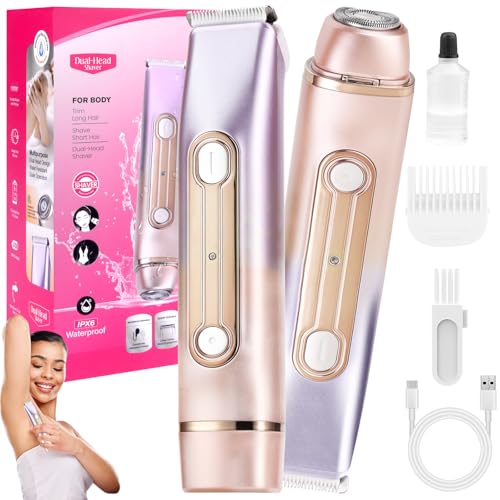 Afeitadora Mujer, Afeitadora de Doble Cabeza 2 en 1 para Mujer, Rasuradora Mujer Zona Intima, Depiladora Facial Mujer, IPX7, impermeable, recargable, para cuerpo, cara, uso húmedo y seco, depilación