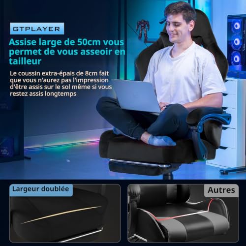 GTPLAYER Chaise de Gaming - Respirante - Ergonomique - Tissu de qualité supérieure - Chaise Ergonomique en Polycarbonate - Dossier réglable à 160° et Repose-Pieds Extensible - Charge 180 kg - Noir – vue 7