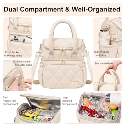Weitars Lunch Bag for Women Men,Double Deck Lunch Box for Women,Quilted Lunch Tote for Work,Insulated Lunch Cooler Leakproof Lunchbox for Adult with Shoulder Strap &Pockets for Picnic Hiking (Beige) by Weitars - Image 2