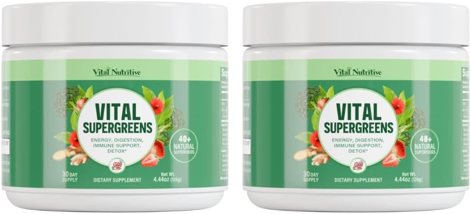 Vital Greens Superfood Powder – New Formula with 40+ Superfoods Daily Green Drink Powder w/Probiotics – Supergreens for Energy, Gut Health, Digestion Support, Plant-Based, Vegan Superfoods