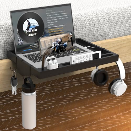 GRDNON Bedside Shelf with Phone Holder for Bed, ‎Bamboo Bed Shelf Organizer for Top Bunk, Clip on Nightstand for College Dorm Loft Bed, Bedside Shelf Tray for Kids, Built Earphones & Tablet Slot