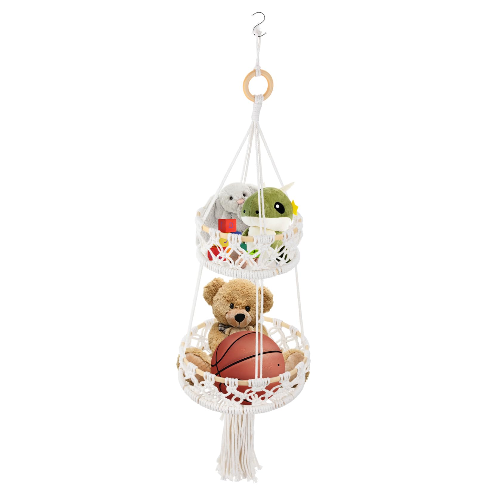 POPETPOP Panier Suspendu Décoratif en Corde de Coton et Bambou Double Couche Beige pour Rangement la Maison et Chambre, Design Élégant Moderne et Fonctionnel