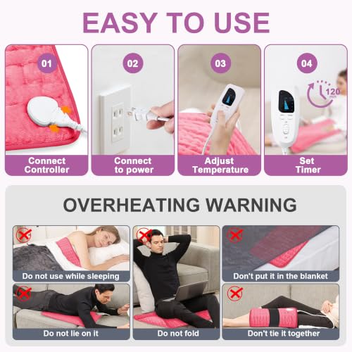Image of Heating Pad,Electric Heating Pads,Heating Pad for Back,Fuchsia,24x20 Inch | Heating Pads for Shoulder,Neck,Abdomen,Knee,Arms,Legs,Heat Pad for Birthday Father Mother Gift Women Men,6 Heat Settings