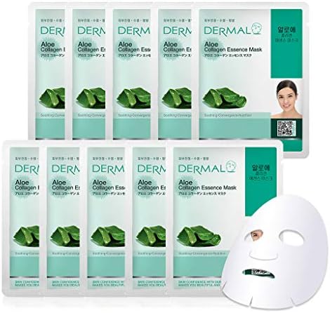 DERMAL Aloe Collagen Essence Facial Mask Sheet 23g Pack of 10 - Skin Revitalizing & Soothing, Refreshing and Moisturizing, Sunburn Relief, Daily Skin Treatment Solution Sheet Mask
