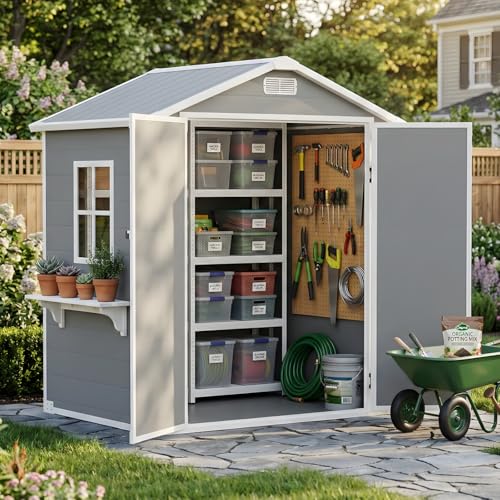 Caseta de jardín de plástico de 6 x 4 pies para exteriores, resistente a la intemperie, con suelo/ventanas/rejillas de ventilación/puerta con cerradura, cobertizo para todo el año, para jardín