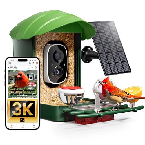 Smart Bird Feeder with Camera, 3K HD Live Stream, AI Species Identification, Solar Powered, Instant Motion Alerts, IP65 Weatherproof Outdoor Gifts for Bird Lovers, Green