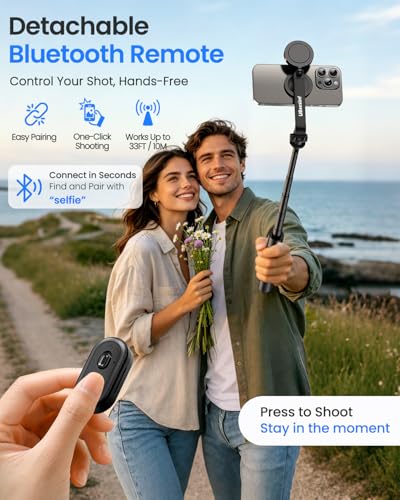 Image of UBeesize Magnetic Selfie Stick Tripod with Dimmable Light and Rechargeable Remote, Portable Travel Phone Tripod Stand for MagSafe and Android Phones, Ideal for Vlogging, Photos, Video Recording