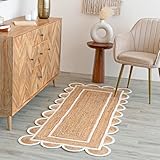 Weaving Village Scalloped Natural Jute Area Rug, Natural Base Off White Trim, 2'X6'