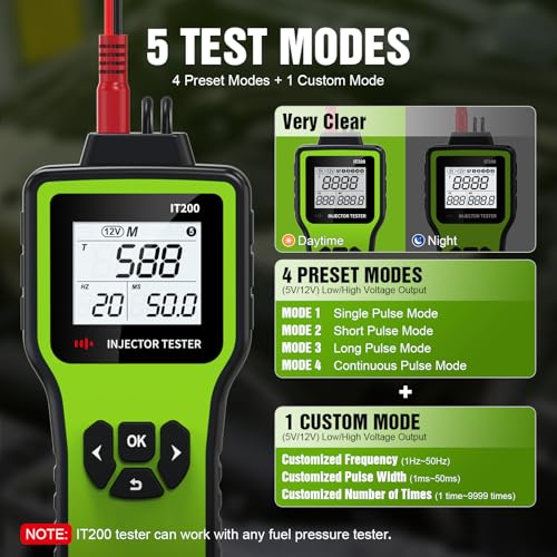 JDIAG Universal Fuel Injector Tester Cleaner Kit - 4 Preset & 1 Custom Mode, Test 2 Injectors Simultaneously, DIY Cleaning Tools with Dedicated Fuel Injector Connectors, 12V/5V Output Power