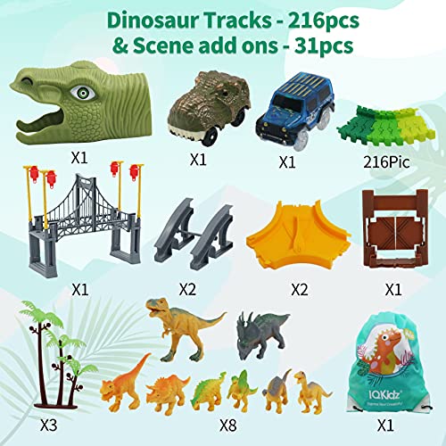 Image of IQKidz Dinosaur World Race Track Toys - 216pcs Flexible Track Playset with 1 Dinosaur Car, 1 Race Car, 6 Dino Toys, for Kids 3 4 5 6 Year & Up Old (Boys and Girls)