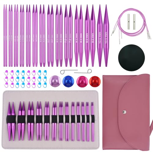 Hobekoee 13 Pairs Interchangeable Circular Knitting Needles Set 3mm-10mm Interchangeable Aluminum Round Knitting Needles Set with 4 Memoryless Cables for DIY Knitting Lovers