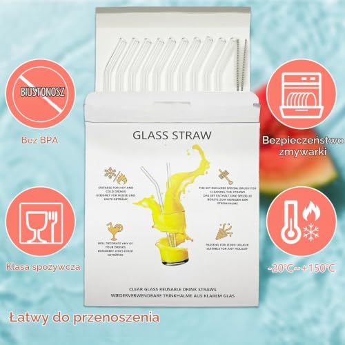 10 sztuk szklanych słomek 200 mm, wielokrotnego użytku, certyfikat LFGB, przezroczyste, zakrzywione szklane słomki z 2 szczotkami do czyszczenia, nie zawierają BPA, szklane słomki do koktajli,