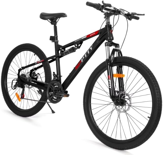 26" Mountain Bike,Full-Suspension 21 Speed Drivetrain, Disc Brakes,Bicycle for Men Women Black