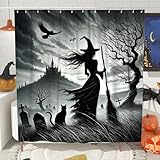 Halloween-Duschvorhang, schwarze Hexe & Katzen-Design für gruselige Badezimmer-Dekoration, Herbst-saisonaler Gothic-Stil, wasserdichter Stoff-Duschvorhang mit Haken, 91,4 x 183,9 cm