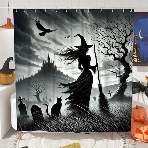 Halloween-Duschvorhang, schwarze Hexe & Katzen-Design für gruselige Badezimmer-Dekoration, Herbst-saisonaler Gothic-Stil, wasserdichter Stoff-Duschvorhang mit Haken, 91,4 x 183,9 cm