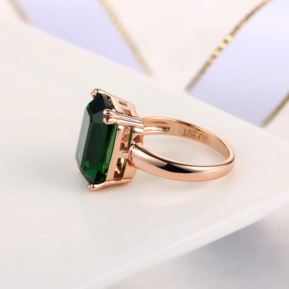 Green Emerald-Shape Simulated Emerald Jewelry Ring with 18K Rose Gold Plated Silver Women's Engagement Solitaire Ring (US size 7) - Image 3