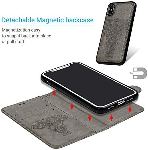 Compatible with iPhone X Case, iPhone Xs Wallet Case Premium PU Leather Oil Wax Embossed Elephant Detachable Magnetic Cover Credit Card Cash Slots Cover for iPhone X/XS (Elephant Gray)