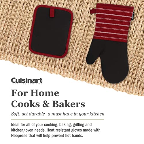 Cuisinart Neoprene Oven Mitts And Potholder Set-Heat Resistant Oven Gloves To Protect Hands And Surfaces With Non-Slip Grip, Hanging Loop-Ideal For Handling Hot Cookware Items, Twill Stripe Red Dahlia #TOP2