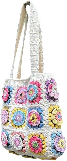 I.F.H Crochet Granny Sqaure Bag, Amigurumi Flower Tote Purse for Girls, Handmade Shoulder Bag, handmade gift