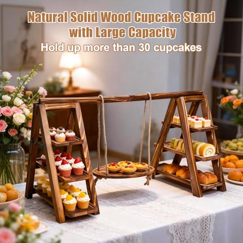 3 Tier Cupcake Stand with Swing, Wooden Cupcake Stand, Swing Cupcake Stand with Removable Serving Platter and Foldable Ladder for Birthday Anniversary Party Decoration by Catheralysia - Used condition - Image 3