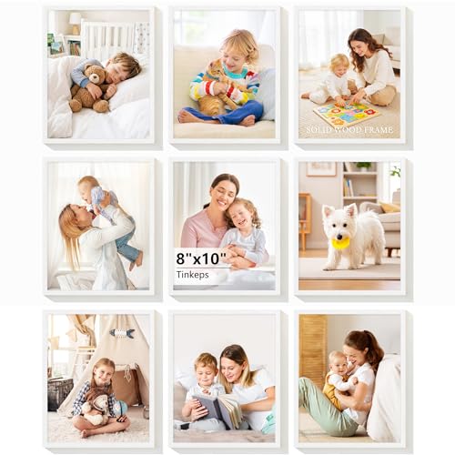 Tinkeps 8x10 Picture Frames Set of 9 - Solid Wood Core Not Plastic - Scratch Resistant White Wood Grain Finish