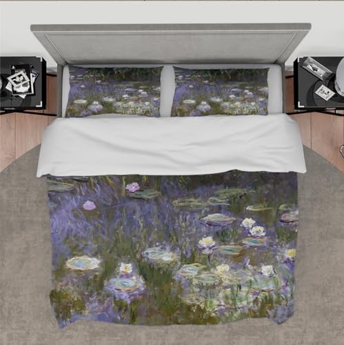 DINGSION Claude Monet Style Duvet Cover Set 3 Pieces Yellow and Lilac Water Lilies Washed Bedroom Bedding Set with 2 Pillow Shams Zipper 4 Ties Double