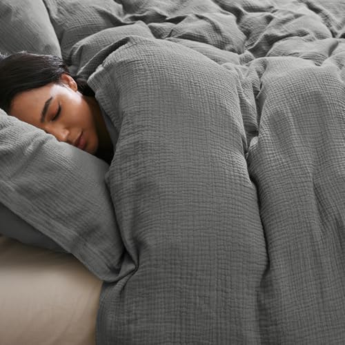 David's Home 100% Cotton Muslin Duvet Cover Set Twin Size,2 Pcs Ultra Soft Breathable & Lightweight Gauze Bedding Set with 1 Pillowcase,Textured Home Decor with Button, 68"×90" Dark Grey,No Insert by David's Home - Used condition - Image 9