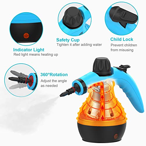 Mlmlant Handheld Steam Cleaner, Multipurpose Portable Upholstery Steamer With Safety Lock And 9 Accessory Kit For Carpet, Couch, Clothes, Mattress, Car Seats, Kitchen, Floor Steamer Cleaning, Blue #TOP1