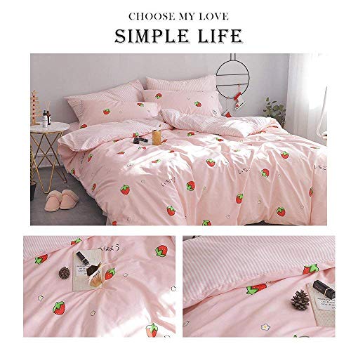 Aojim Duvet Cover Set Pure Cotton Cute Pink Anime Bedding Set 3 Pcs With Zipper Closure, 1 Kawaii Strawberry Duvet Cover And 2 Pillowcases, Japanese Style Quilt Cover Queen, No Comforter #TOP3