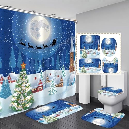 AZHM Juego de cortinas de ducha de Navidad con alfombras antideslizantes, cubierta de tapa de inodoro y alfombrilla de baño, cortinas de ducha de alce con 12 ganchos, juego de decoración de baño de 4