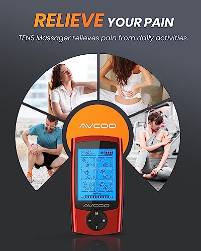 AVCOO TENS Unit with 24 Modes, Dual Channel TENS Unit Muscle Stimulator, Rechargeable TENS Machine for Muscles, Shoulder, Neck, Sciatica and Back Pain Relief with 12 Upgraded Pads, EVA Case, Red - Thumbnail 2