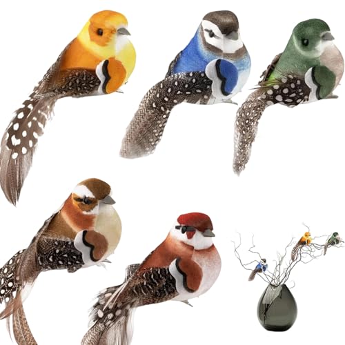 WGCHAIE 5 Stück Künstliche Vögel Deko, Künstliche Federvögel, Deko Vögel mit Clip, Kleine Vogelfiguren, Geeignet für Garten Frühling De-ko Party Dekoration
