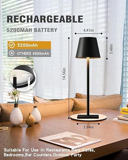 Image of Modern LED Table Lamp Rechargeable, Dimmable, Touch Control, Portable Desk Lamp for Home, Office, and Bedroom Black Metal Finish | 1 PCS