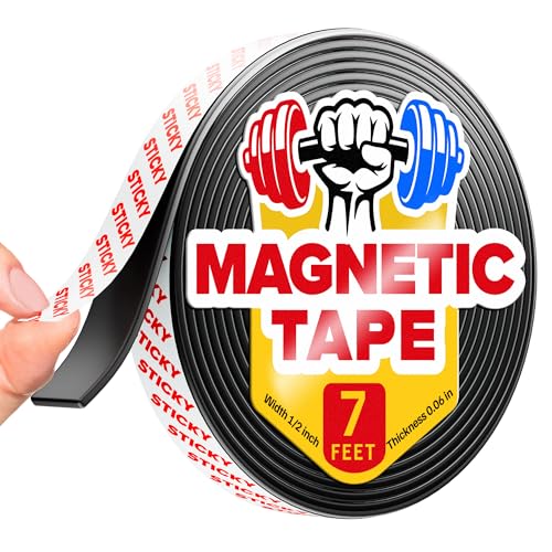 Super Sticky Magnetic Tape (7 Feet x 1/2 Inch / 2m x 1.25cm) - Strong Magnet Strip with Adhesive Backing for DIY & Crafts - Easy to Cut and Mount On Fridges, Whiteboards & More - Organization